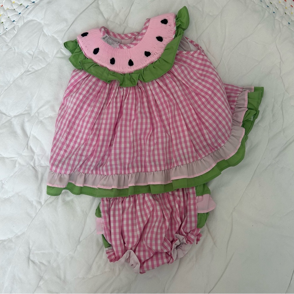 Pink and Green Gingham Watermelon Dress Set